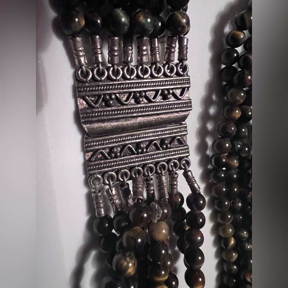 925 Silver clasp 8 strand dark tiger eye bead Necklace wide tribal closure